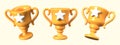 Gold goblet in vintage style. Realistic game reward in different positions