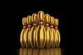 Gold Golden Bowling Pins on black background. 3d Illustration Render Royalty Free Stock Photo