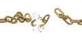 Gold golden chain breaking  in pieces horizontal isolated in white background - 3d rendering Royalty Free Stock Photo