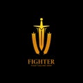 Gold golden color warrior knight fighter sword logo icon symbol with laurel wreath