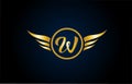 gold golden W wing wings alphabet letter logo icon with classy design for company and business