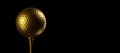 Gold golf ball on golden golf tee over black background, winner or champion concept