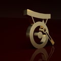 Gold Gong musical percussion instrument circular metal disc and hammer icon isolated on brown background. Minimalism