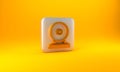 Gold Gong musical percussion instrument circular metal disc icon isolated on yellow background. Silver square button. 3D