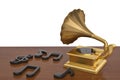 Gold gramophone and music notes.3D illustration.