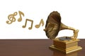 Gold gramophone and music notes.3D illustration.