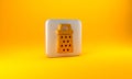 Gold Grater icon isolated on yellow background. Kitchen symbol. Cooking utensil. Cutlery sign. Silver square button. 3D