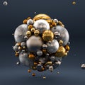 Gold gray background with balls, geometry, abstraction. 3d illustration, 3d rendering