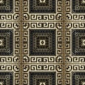 Gold greek style 3d grid vector seamless pattern. Ornamental golden lace zig zag background. Greek key meander frames, shapes,