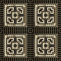 Gold greek style 3d grid vector seamless pattern. Ornamental golden lace zig zag background. Greek key meanders frames, shapes,