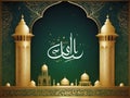 A gold and green background with a building and a gold arch, perfect for Eid al-Fitr greeting cards