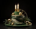 The gold and green display set has a round marble plate.