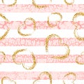 Gold grunge hearts craquelure stripes seamless pattern