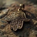 A gold hamsa hand pendant on a rock with an ornate design, AI