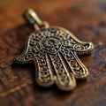 A gold hamsa hand pendant on a wooden table, AI