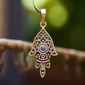 A gold hamsa pendant with a blue stone, AI