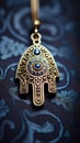 A gold hamsa pendant with blue stones on a blue background, AI