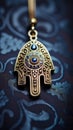 A gold hamsa pendant with blue stones on a blue background, AI Royalty Free Stock Photo