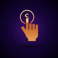 Gold Hand holding coin icon isolated on black background. Dollar or USD symbol. Cash Banking currency sign. Vector Royalty Free Stock Photo