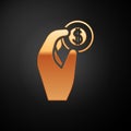 Gold Hand holding coin money icon isolated on black background. Dollar or USD symbol. Cash Banking currency sign. Vector Royalty Free Stock Photo