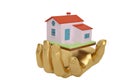 Gold hand keeping holding or protecting house,3D illustration.