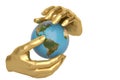 Gold hands keeping holding or protecting globe,3D illustration.