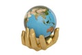 Gold hands keeping holding or protecting globe,3D illustration.