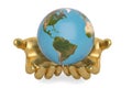 Gold hands keeping holding or protecting globe,3D illustration.