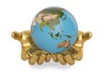 Gold hands keeping holding or protecting globe,3D illustration.