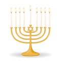 Gold Hanukkiah with nine candles on a white.