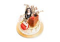 Gold Happy Birthday Cake Personalized with text. Sugar paste figurine. Gold dripping.