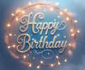 Gold Happy Birthday Text with String Lights and Feathers on a Blue Gradient Background Royalty Free Stock Photo