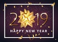 Gold 2019 Happy New Year celebration premium dark purple background with gift ribbon bow and glitter confetti decoration. Vector Royalty Free Stock Photo