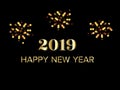 Gold Happy new year 2019 greeting text with fireworks at dark night. Royalty Free Stock Photo