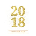 Gold 2018 Happy New Year vector on white background banner with golden glittering texture effect.