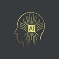 A gold head of AI icon, and premium symbol of AI. An elegrant on dark background