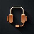 Gold Headphones icon isolated on black background. Support customer service, hotline, call center, faq, maintenance