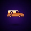 Gold Hearse car icon isolated on black background. Vector