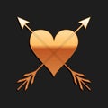 Gold Heart with arrow icon isolated on black background. Happy Valentine's day. Cupid dart pierced to the heart. Love Royalty Free Stock Photo