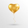 Gold heart balloon on transparent background. Foil air balloon for party, Christmas, Birthday, Valentines day, Womens