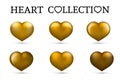 Gold heart collections. Set of six realistic hearts isolated on white background. 3d icons. Valentine s day vector illustration.