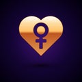 Gold Heart with female gender symbol icon isolated on dark blue background. Venus symbol. The symbol for a female Royalty Free Stock Photo