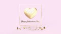 Gold heart and gold Fram on pink background 3d rendering for Valentine`s Day content