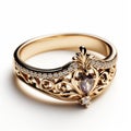 Gold Heart In Heart Ring With Accent Stones - Baroque Ornamental Details