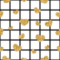 Gold heart seamless pattern. Black-white geometric square, golden confetti-hearts. Symbol of love, Valentine day holiday Royalty Free Stock Photo