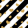 Gold heart seamless pattern. Black-white geometric stripes, golden confetti-hearts. Symbol of love, Valentine day Royalty Free Stock Photo