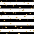Gold heart seamless pattern. Black-white geometric stripes, golden confetti-hearts. Symbol of love, Valentine day Royalty Free Stock Photo