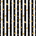 Gold heart seamless pattern. Black-white geometric stripes, golden confetti-hearts. Symbol of love, Valentine day Royalty Free Stock Photo