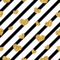 Gold heart seamless pattern. Black-white geometric stripes, golden confetti-hearts. Symbol of love, Valentine day Royalty Free Stock Photo