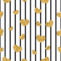 Gold heart seamless pattern. Black-white geometric stripes, golden confetti-hearts. Symbol of love, Valentine day Royalty Free Stock Photo